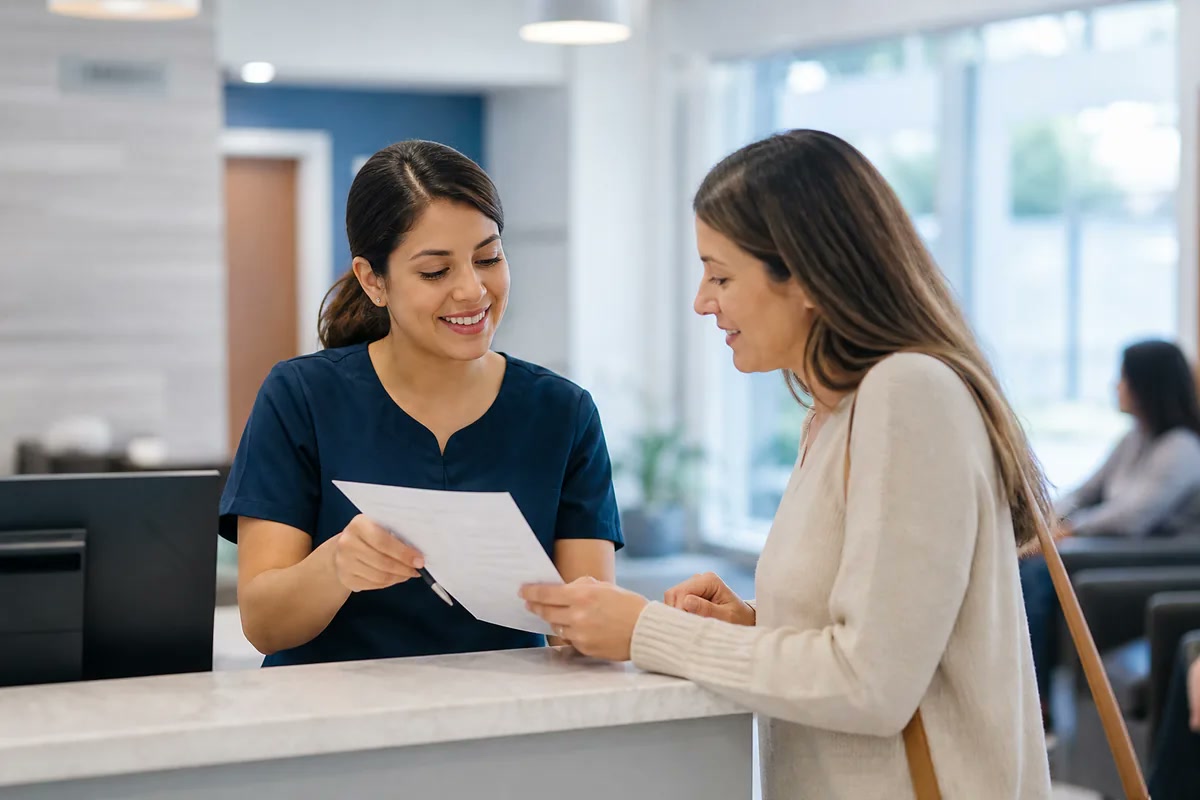 Patient access specialist reviewing insurance and benefit information with a patient