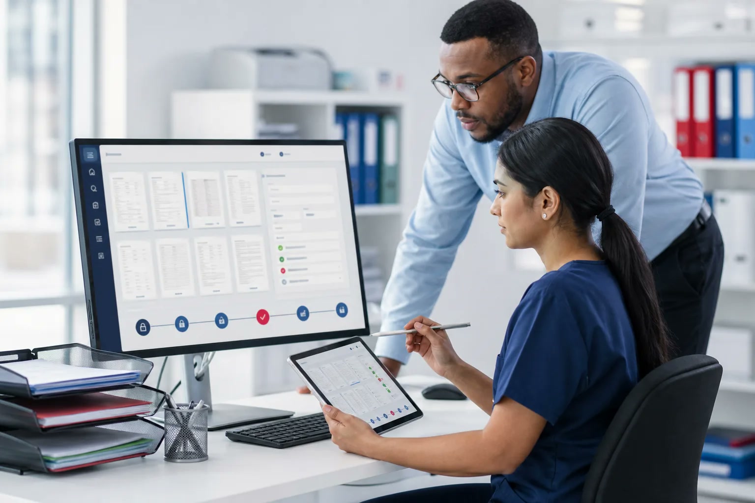 Healthcare operations specialists managing indexed digital documents