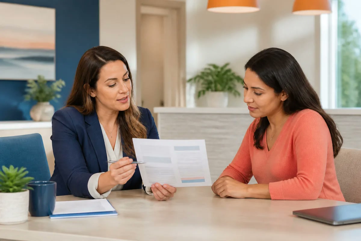 Patient financial counselor explaining a billing statement